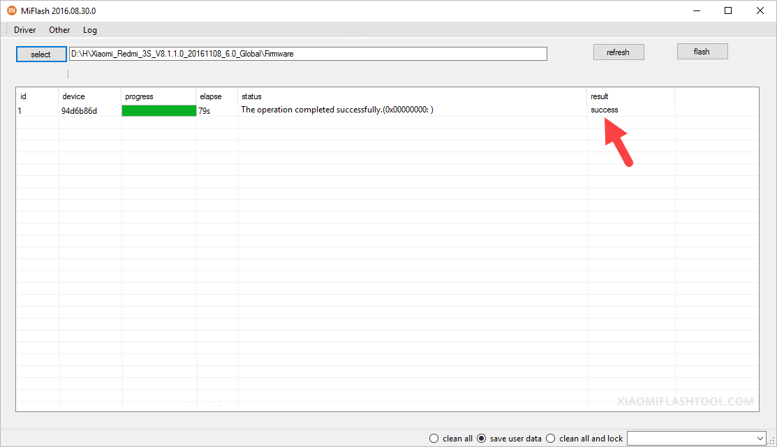 xiaomi mi flash tool success